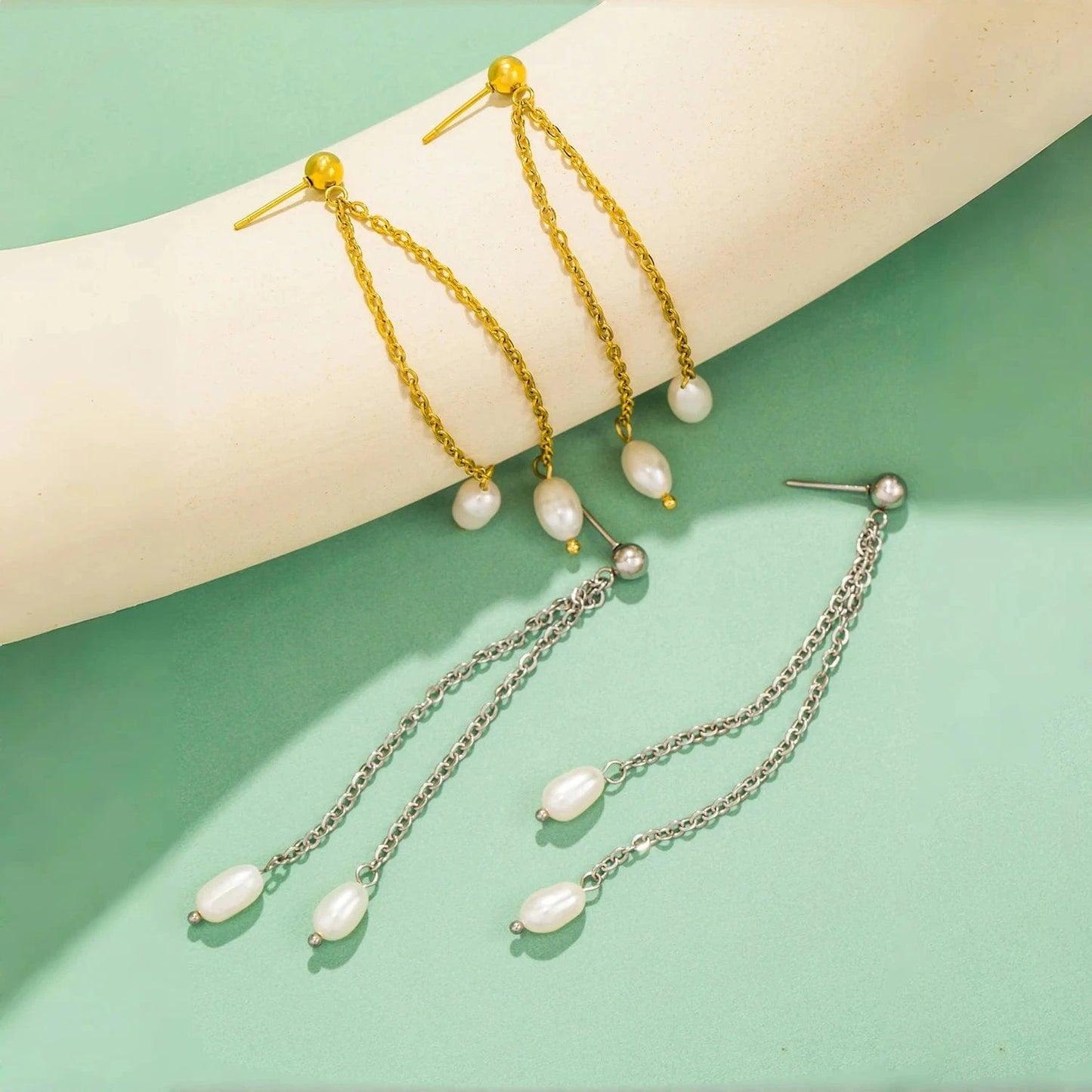 Pearlbud Earrings Silver Dangling Pearl Line Earrings