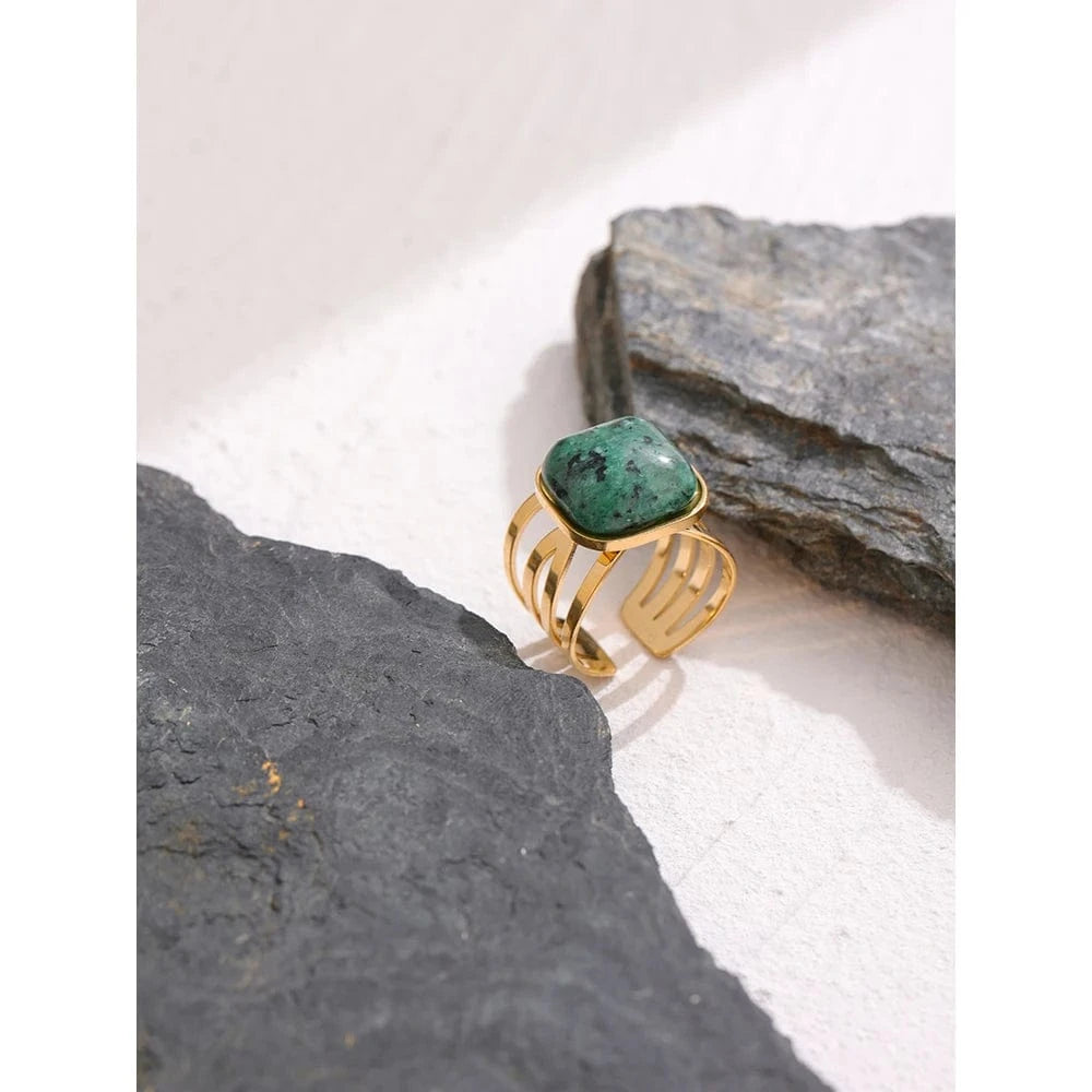 Pearlbud Rings Gold with green marbled stone / Adjustable Verdant Stone Ring