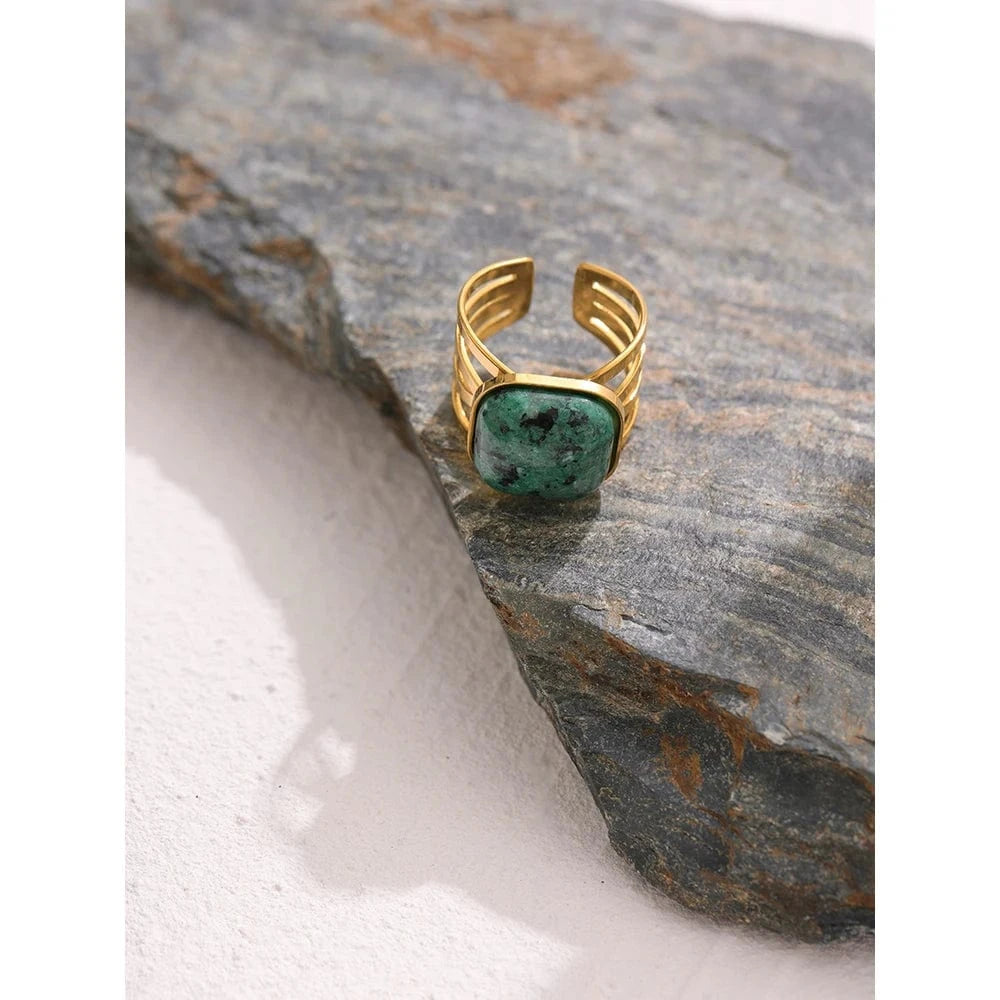 Pearlbud Rings Gold with green marbled stone / Adjustable Verdant Stone Ring