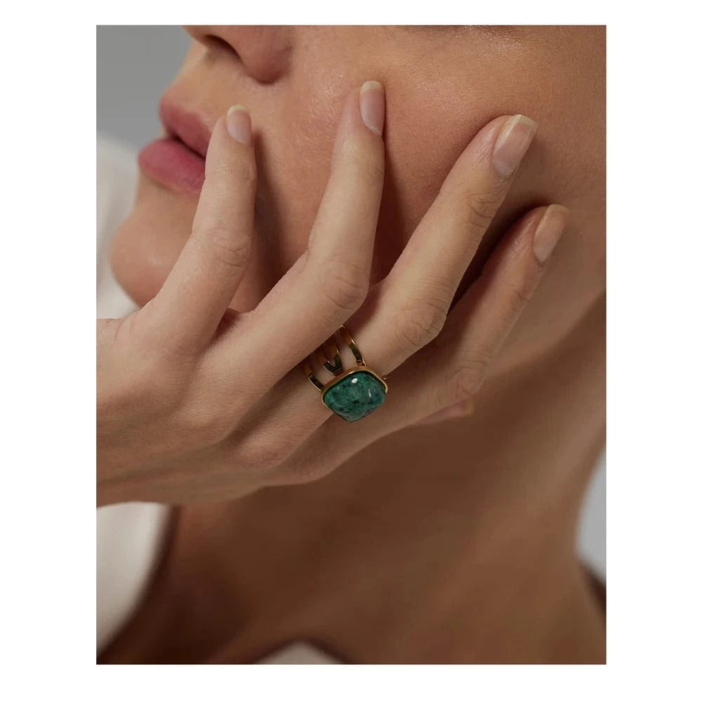 Pearlbud Rings Gold with green marbled stone / Adjustable Verdant Stone Ring