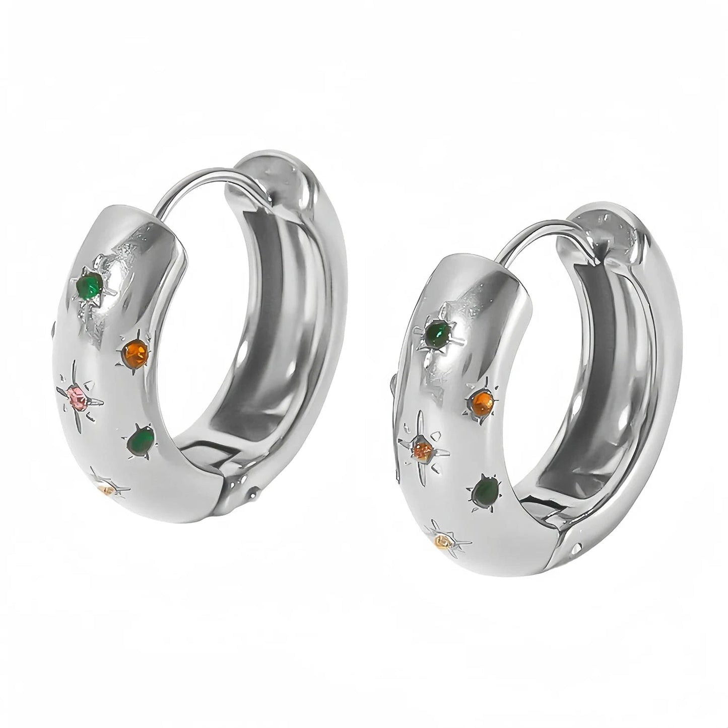 Pearlbud Earrings Sleek Silver with Multi-Color Stones Stellar Glow Hoops