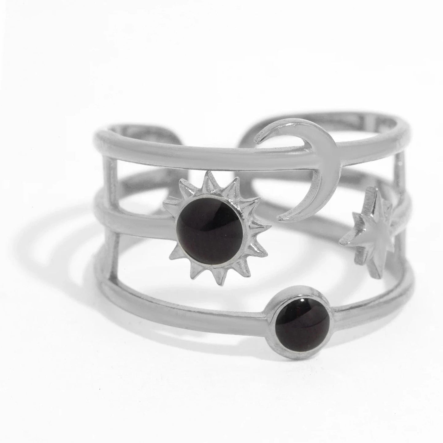 Pearlbud Rings Black Stone + Sleek Silver Solar Orbit Ring