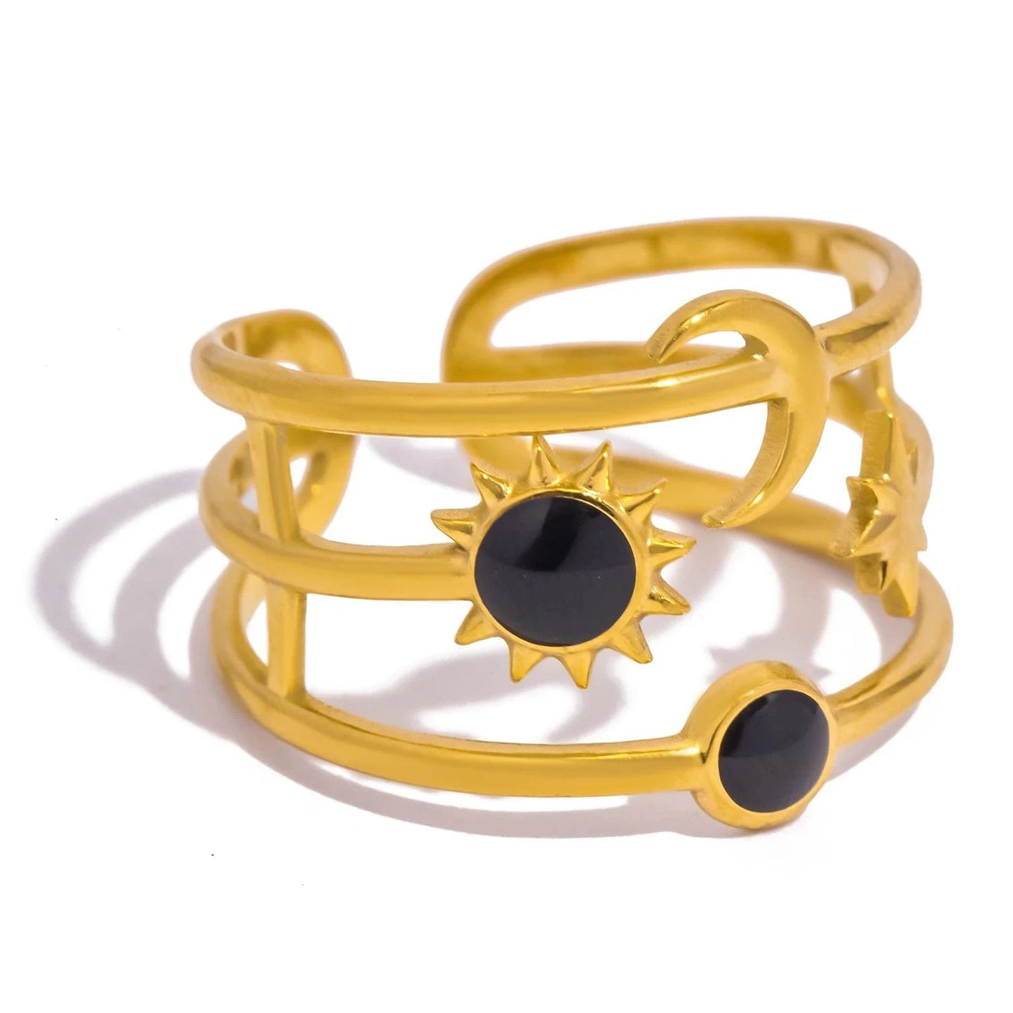 Pearlbud Rings Black Stone + Warm Gold Solar Orbit Ring