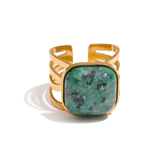 Pearlbud Rings Gold with green marbled stone / Adjustable Verdant Stone Ring