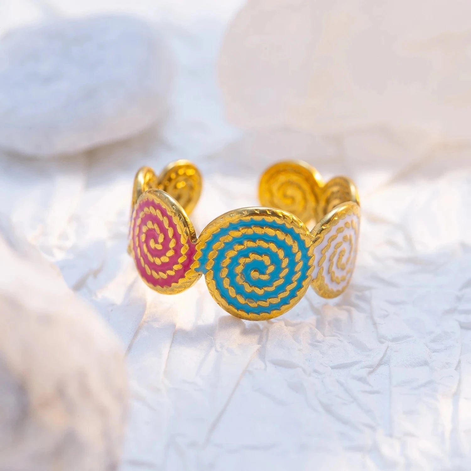 Pearlbud Rings Mixed pastel tones / Adjustable Spiral Pop Enamel Ring