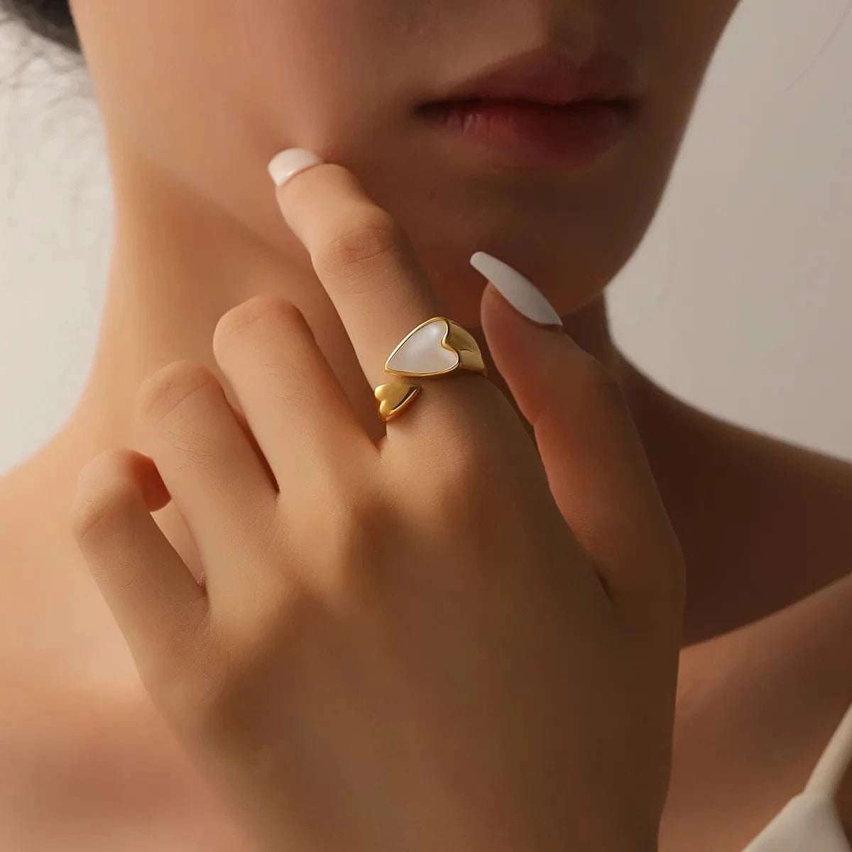 Pearlbud Rings Warm Gold + Soft White Open Heart Adjustable Ring